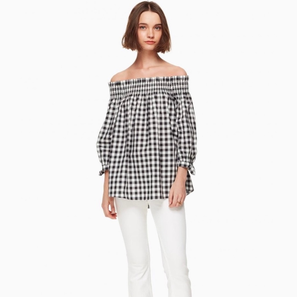 Kate Spade New York Gingham Off-The-Shoulder Peasant Top Black White XXS